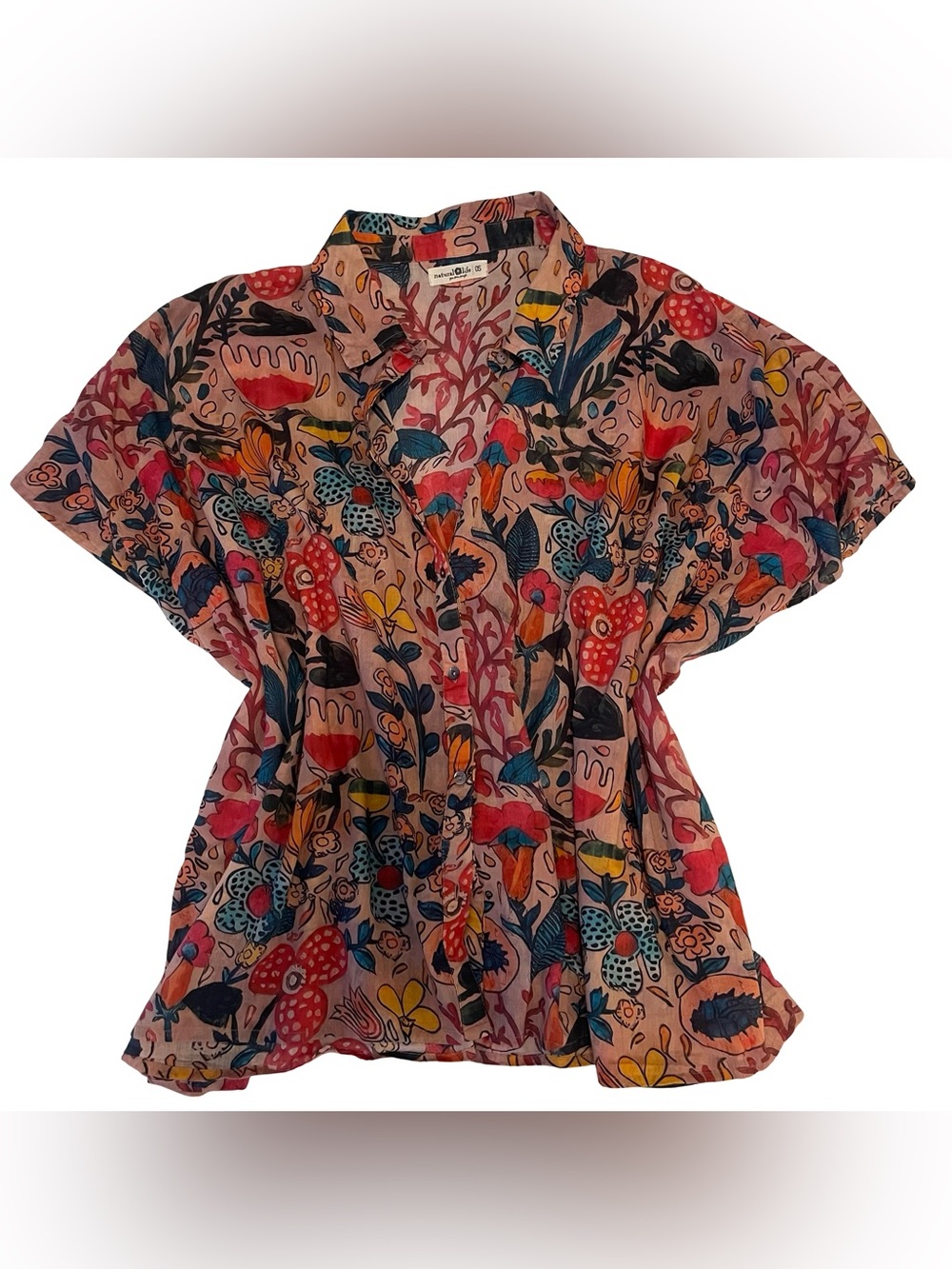 NATURAL LIFE Peach Floral Button-Front Shirt with Multicolor Print